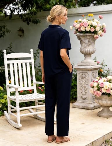Flygo Womens Button Down Pajama Set Short Sleeve Top Long Pants Soft Loungewear Pjs Set with Pockets - color: Navyblue, size: X-Large