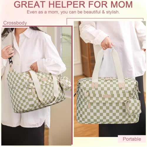 Pritent Diaper Bag Tote Waterproof Maternity Baby Bags with Pacifier Case - color: Checkered Green, size: Medium
