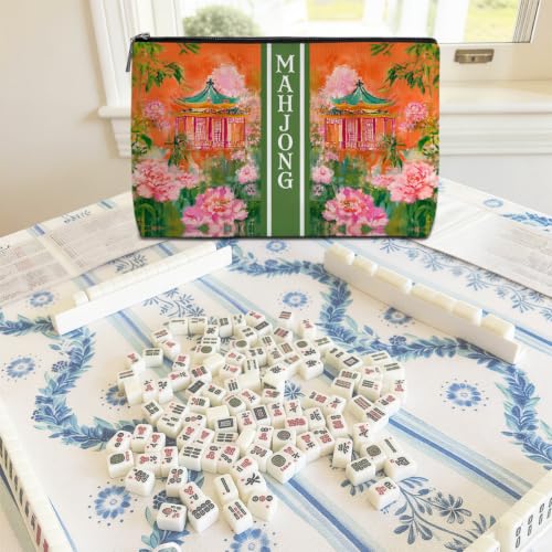 Orange Chinoiserie Pagoda Mahjong Tile Bag Makeup Bag (Case Only) - color: Multicolor 1842