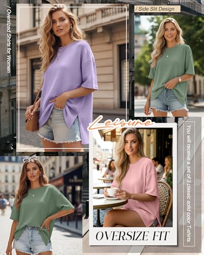 3 Pack Womens Oversized Waffle Knit Tops - color: Dusty Pink, Grayish Purple, Grass Green, size: Small