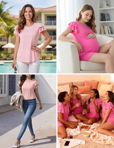 Ekouaer Womens Pajama Sets 2 Piece Ruffle Sleeves Top and Shorts Pjs - color: Light Pink, size: Small