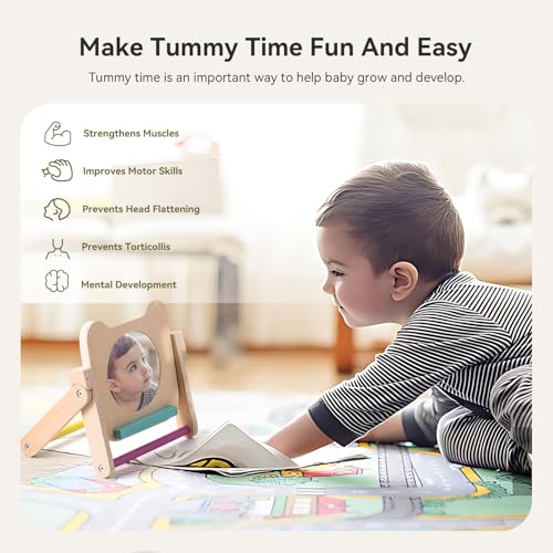 IEATFO Rotating Baby Safe Mirror with 120 Pages Visual Stimulation Cards - Wooden Tummy Time Mirror Toys - Black White Red and Color High Contrast Baby Flashcards for Brain and Cognitive Development