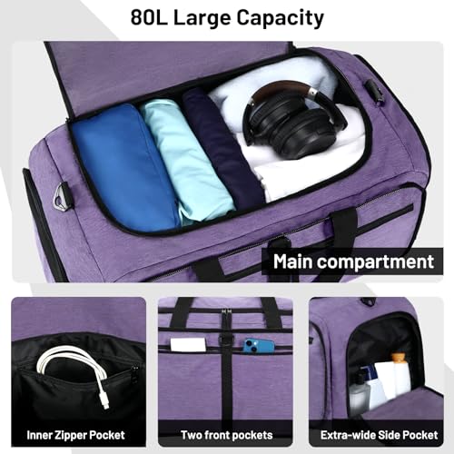 MIER Packable Travel Duffle Bag with Shoe Compartment, 80L, Purple - color: Purple, size: 80L