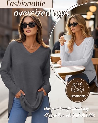 Huukeay 3 Pack Women's Oversized Long Sleeve V Neck Shirts - color: Black, Heather Gray, Gray, size: Large