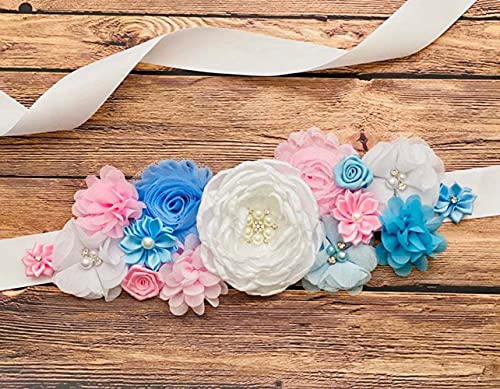 Maternity Pregnancy Flower Sash Belt, Rhinestone Feather Sash for Wedding Bride/Baby Shower Dress