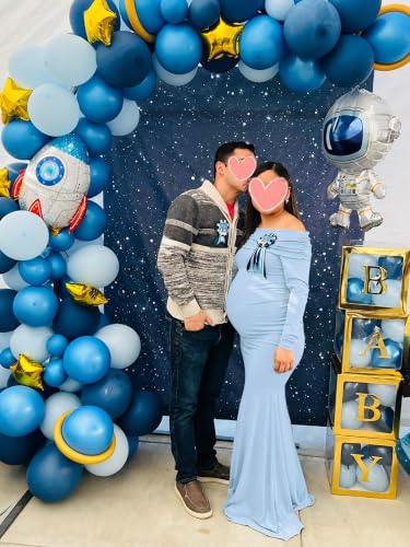 Glampunch Off Shoulder Maternity Dress for Photoshoot,Ruched Maternity Gown - color: Blue, size: Small