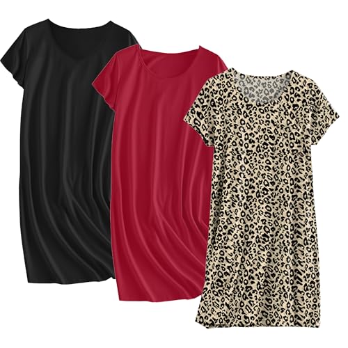 Ekouaer Cotton Nightgowns for Women 3 Pack Sleepshirts Tshirt Night Gown - color: Black/Wine Red/Leopard, size: Medium