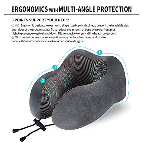 TALLGO Travel Pillow, Best Memory Foam Neck Pillow Head Support Soft Pillow for Sleeping Rest, Airplane Car & Home Use (Grey) - color: Grey