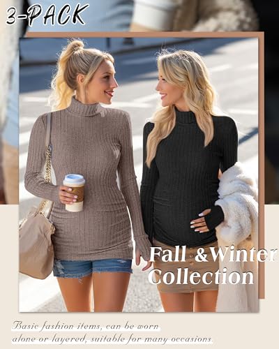 3 Pack Women's Maternity Turtleneck Tops - color: Coffee, Light Gray, Black, size: Small