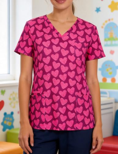 Women's Print Scrub Tops V Neck Short Sleeve Fun Scrubs Shirts - color: Hearts-a, size: Medium