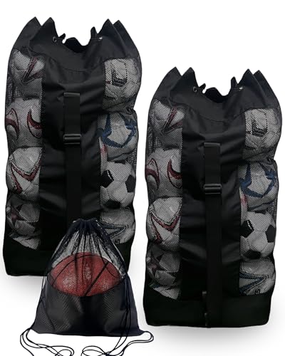 Soccer Ball Bag for Coaches,Heavy Duty Mesh Ball Bag Drawstring Bag - color: Black-2+1 PCS, size: Large