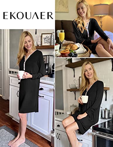 Ekouaer Women's Nightgowns Long Sleeve Button Down V Neck Pajama Dress - color: Black, size: Large