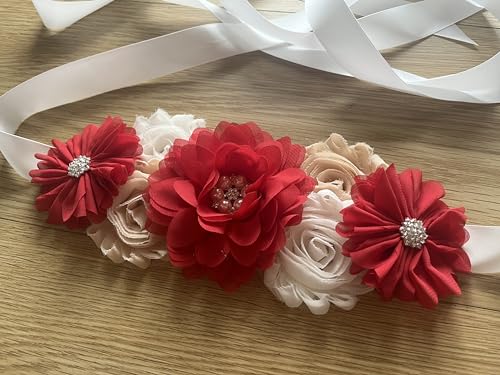 Flowers for Sashes Maternity Pregnancy Sash Belt for Baby Shower Wedding Bride - color: Red