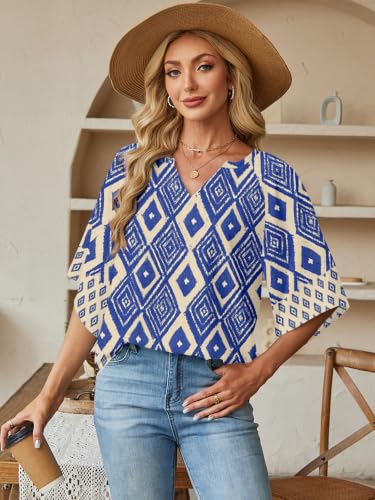Poetsky Womens Boho Tops V Neck 3/4 Sleeve Blouses Loose Fit Tunic Shirts - color: Blue, size: Large