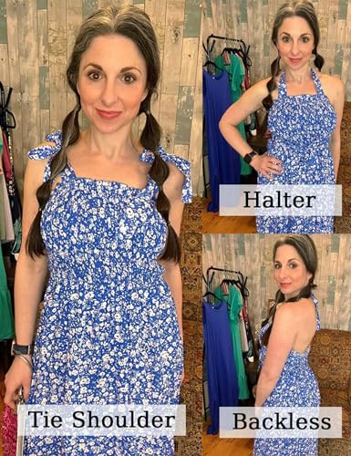 Tobrief Women's Boho Dress Summer Spaghetti Strap Square Neck Flowy Ruffle Beach Long Maxi Dress - color: 01 Blue Floral, size: Medium