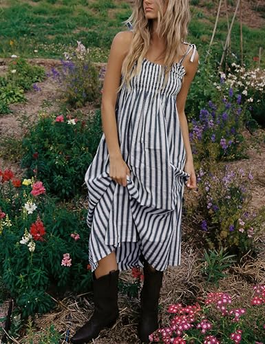 Lentta Women's Striped Smocked Maxi Dress Causal Spaghetti Strap Stretchy Flowy Swing Long Dress with Pockets - color: Navy, size: Medium