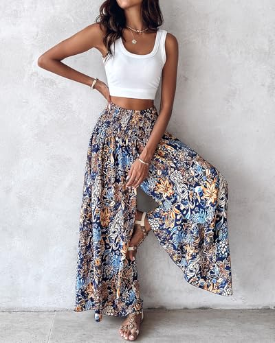 CHICME Womens Boho High Waisted Wide Leg Palazzo Pants Beach Vacation Wear - color: A-blue, size: Large
