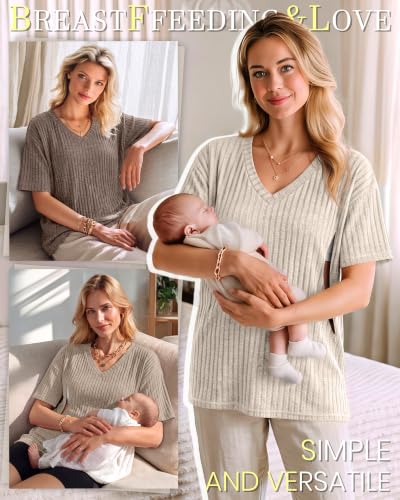 Huukeay 3 Pack Women's V Neck Nursing T-Shirts - color: Cream, Khaki, Light Coffee, size: X-Large