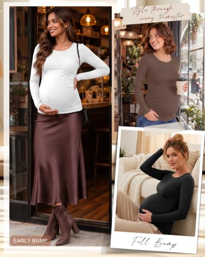 Huukeay 4 Pack Women's Maternity T-Shirts Long Sleeve Shirts - color: Black, Dark Gray, White, Coffee, size: X-Large