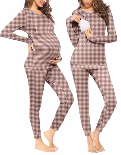 Ekouaer Nursing Pajamas Set Long Sleeve Maternity Clothes Thermal Underwear - color: Brown White Plaid, size: Small