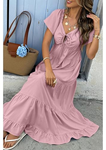 ECOWISH Womens Summer Maxi Dress 2026 Flutter Short Sleeve V Neck Tie Front Wedding Guest Vacation Tiered Flowy Dresses - color: Pink, size: Medium