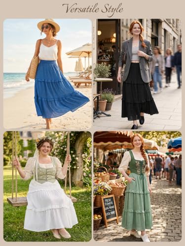 Womens Boho Maxi Skirt Long Flowy Skirt High Waisted Tiered Ruffle Skirt - color: Grey Blue, size: Small