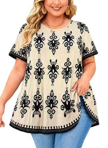 Womens Plus Size Tunic Tops Swing Summer Casual Flowy Blouses - color: Beige Paisley Floral Tunics, size: X-Large