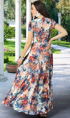 KOH KOH Womens Long Flowy Cap Sleeve Empire Waist Cocktail Maxi Dress Gown - color: Blue and Orange, size: Large