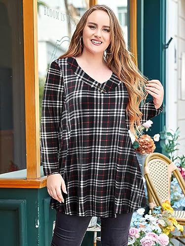 LARACE Women Plus Size Tunic Tops Long Sleeve Shirts for Leggings - color: 2-black_plaid, size: 3X