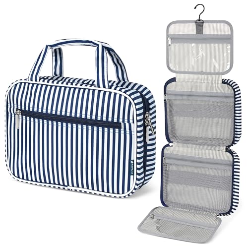 PAVILIA Hanging Toiletry Bag for Women Men, Makeup Organizer, Stripe Navy - color: Navy Stripe