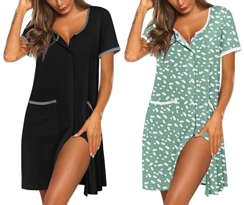 Ekouaer 2 Pack Nightgowns for Women Button Down Houese Dress with Pockets - color: Black/Green Dandelion, size: Medium