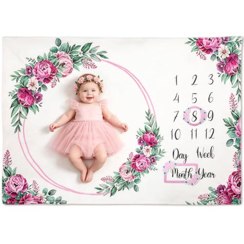 Monthly Milestone Blanket for Baby Girl Growth Chart Gift - color: Peony
