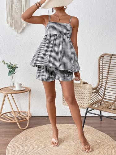 SweatyRocks Women Maternity 2 Piece Outfits Gingham Cami Top Shorts Sets - color: Black and White, size: X-Large