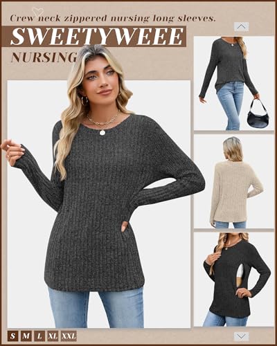 3 Pack Maternity Nursing Ribbed Long Sleeve Tops - color: Black, Apricot, Dark Gray, size: Small