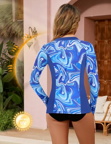 LURANEE Women's Zip Up Rash Guards for Women UPF50+ Long Sleeve Swimsuit - color: Blue Tie Dye-2, size: Medium