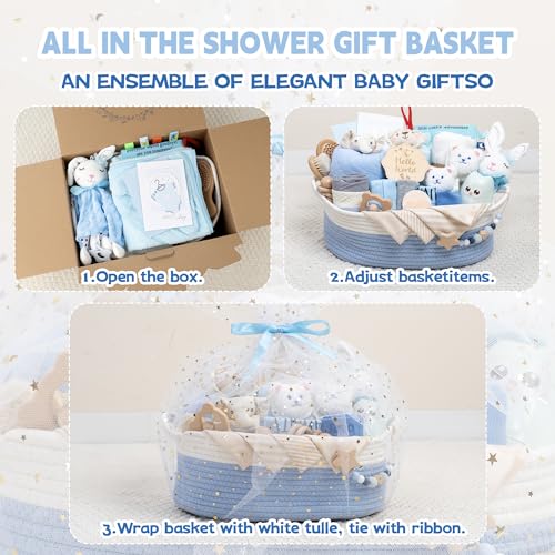 30 Piece Baby Gift Basket – Luxury Curated Baby Gift Basket for Newborn - color: White blue