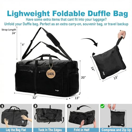 Bago Travel Duffle Bag for Women & Men. Extra Large Foldable Duffel Bags - color: All Black, size: 140L