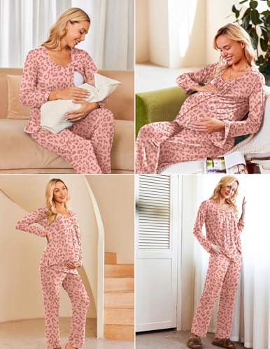 Ekouaer Maternity Nursing Pajama Set Long Sleeve Breastfeeding Sleepwear - color: Leopard Pink, size: X-Large