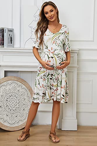 Smallshow Women's Maternity Dress Ruffle Short Sleeve Pregnancy Clothes - color: Leaf White, size: Small