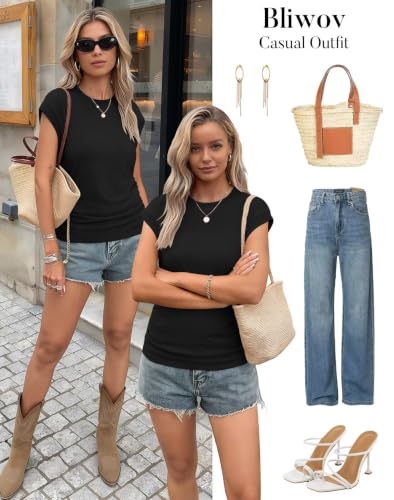 Bliwov Womens Summer Tops Cap Sleeve Crew Neck Casual T Shirts - color: Black, size: Large