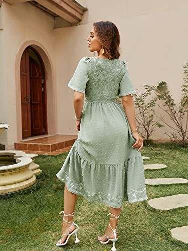 Glamaker Women's Short Sleeve Smocked Square Neck A Line Summer Flowy Maxi Long Dress - color: 01-green, size: X-Large