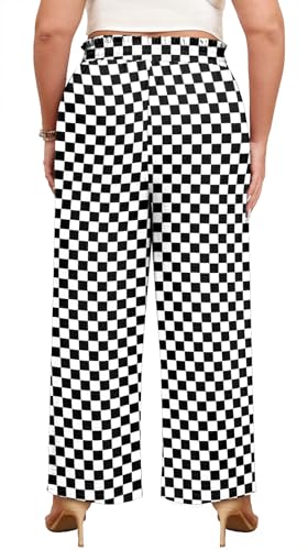 Lastshe Women's Plus Size Wide Leg Pants Elastic High Waist Hide Drawstring Loose Work Pants Palazzo Trousers with Pockets - color: Black White Plaid, size: 2X