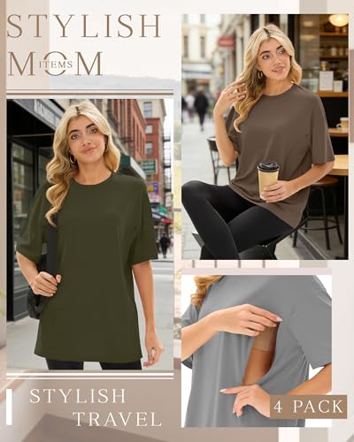 4 Pack Nursing Breastfeeding Shirts - color: Army Green, Light Brown, Gray, Black, size: X-Large