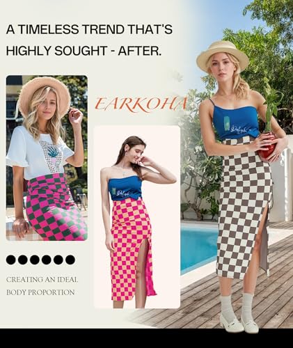 EARKOHA Womens Checkered Slit Midi Skirt Summer Fall Bodycon Long Skirts - color: Floral Pumpkin, size: Large
