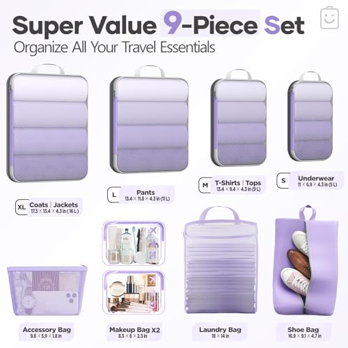 Veken 9/11 Set Compression Packing Cubes for Travel Essentials,Compressible Expandable Luggage Suitcase Organizer Bags for Clothing,Space Saver Bags with Over 1000 pcs of Mesh Holes(Light Purple) - color: Light Purple, size: 9 set