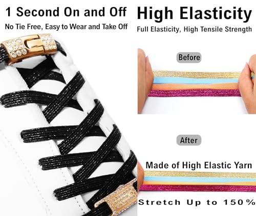Elastic No Tie Shoe Laces with Bling Diamond Locks & Charms for Women's Sneakers - color: 02 Glitter Black- Gold