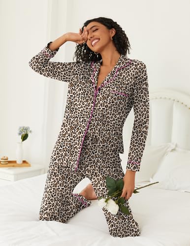 Ekouaer Womens Pajamas Set Button Down Long Sleeve Top & Pants Lounge Sets - color: Brown Leopard, size: Large