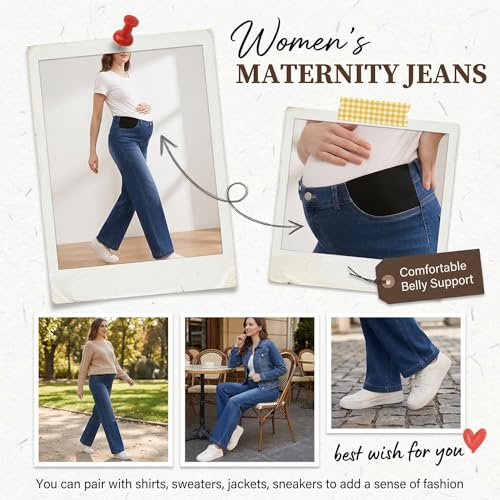 Women's Maternity Jeans, Mid-Rise Adjustable Waist, Relaxed Straight Leg Stretch Pants for Pregnancy and Postpartum - color: Dark Blue, size: Medium