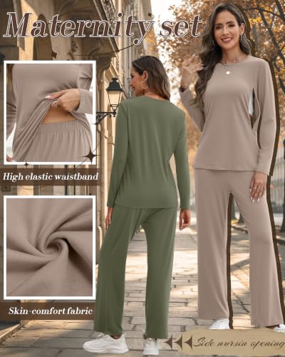 2 Pack Maternity Nursing Pajamas Set - color: Camel, Army Green, size: Small