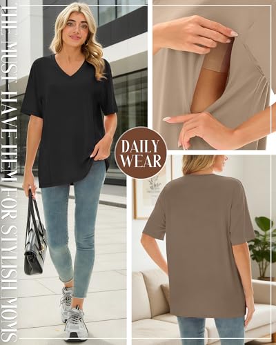 4 Pack Women's Oversize Nursing Tops - color: Khaki, Light Brown, Light Gray, Black, size: Medium